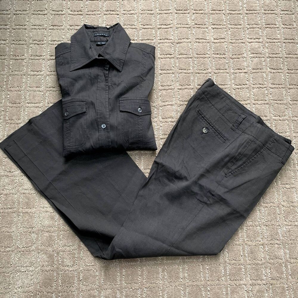 Theory Linen Blend Collared Button Up & Wide Leg … - image 1
